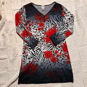 Vintage Shana K Long Sleeve Red Flowers Mini Dress